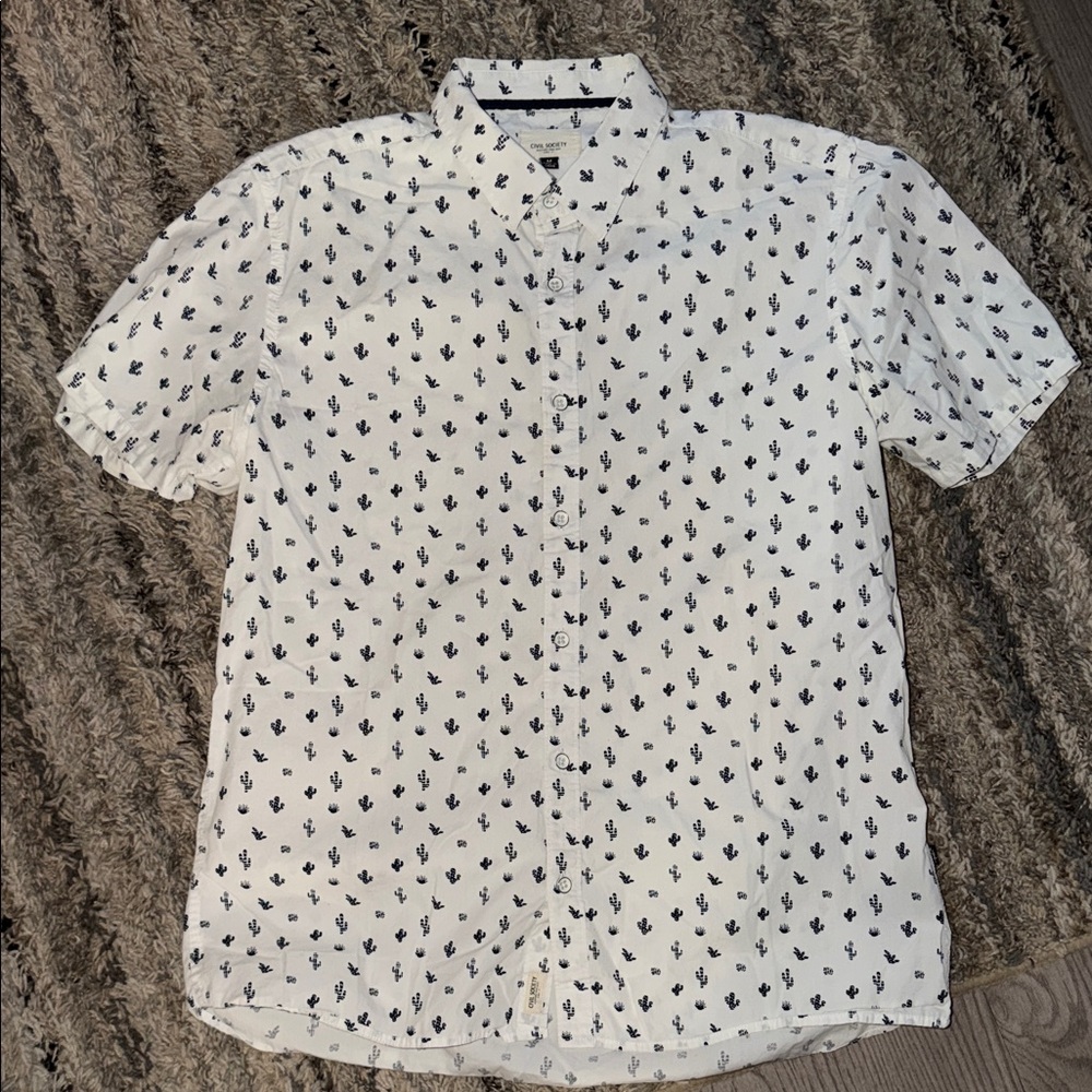 Short-Sleeve White Button-Down Shirt with Navy Cactus Print